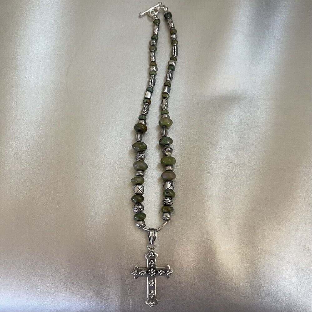 Sterlingโ Silver Cross Necklace Pendant Southwestern Green Beaded 925 Southwest